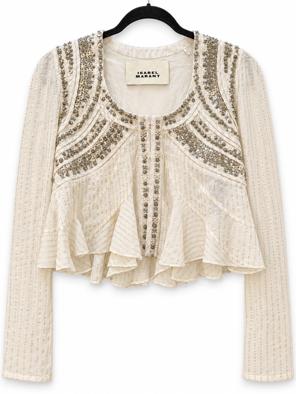 ISABEL MARANT Embellished Sequin Bead Cropped Ruffle Peplum Blouse Ivory Lurex